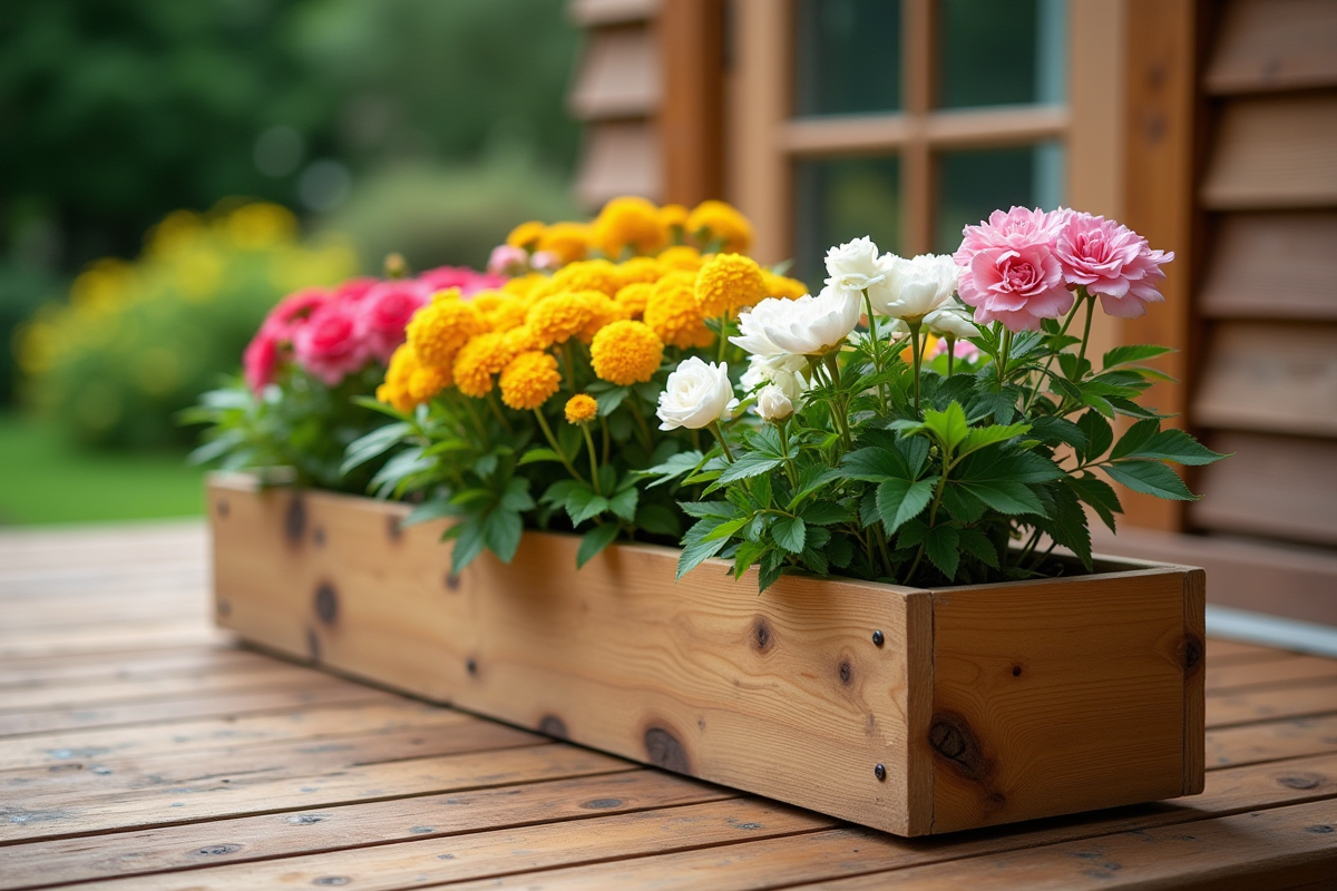 Jardinière en bois remplie de fleurs sur un patio en bois