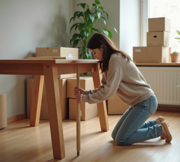 Jeune femme en casual démonte une table en bois dans un appartement lumineux
