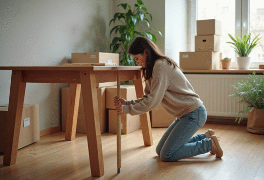 Jeune femme en casual démonte une table en bois dans un appartement lumineux