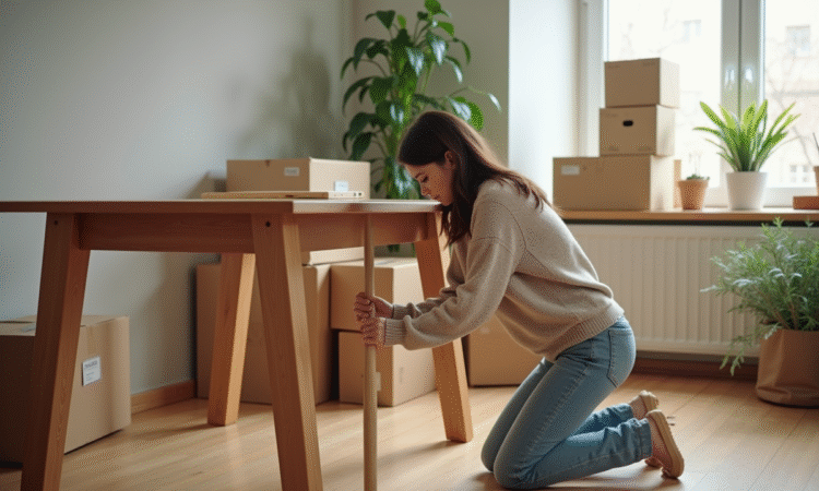Jeune femme en casual démonte une table en bois dans un appartement lumineux