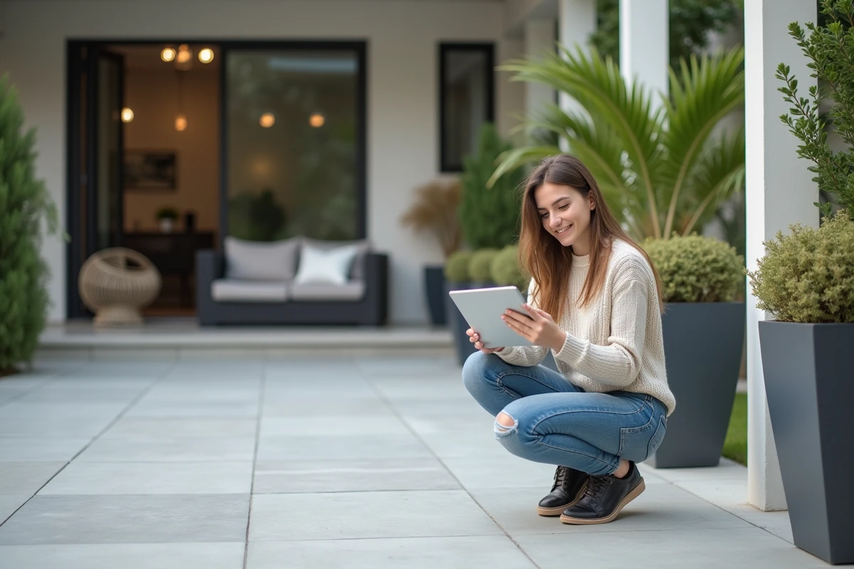 Jeune femme utilisant une tablette sur une terrasse en beton