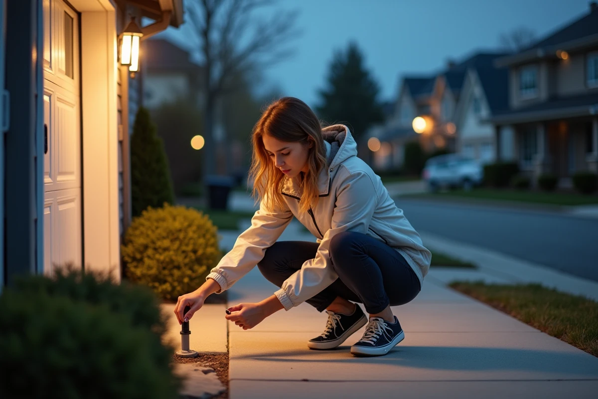 Jeune femme pose une lampe extérieure dans une allée résidentielle