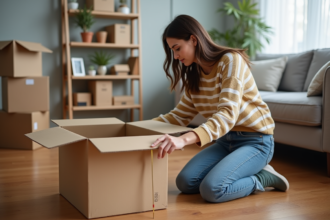 Jeune femme mesurant une boîte de déménagement dans le salon