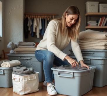 Jeune femme organisant ses affaires dans un appartement