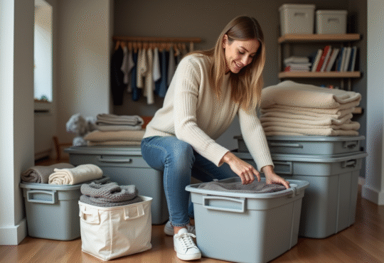 Jeune femme organisant ses affaires dans un appartement