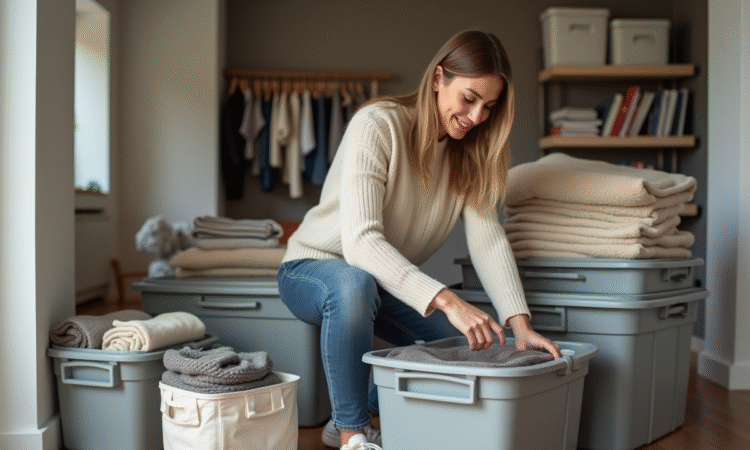 Jeune femme organisant ses affaires dans un appartement