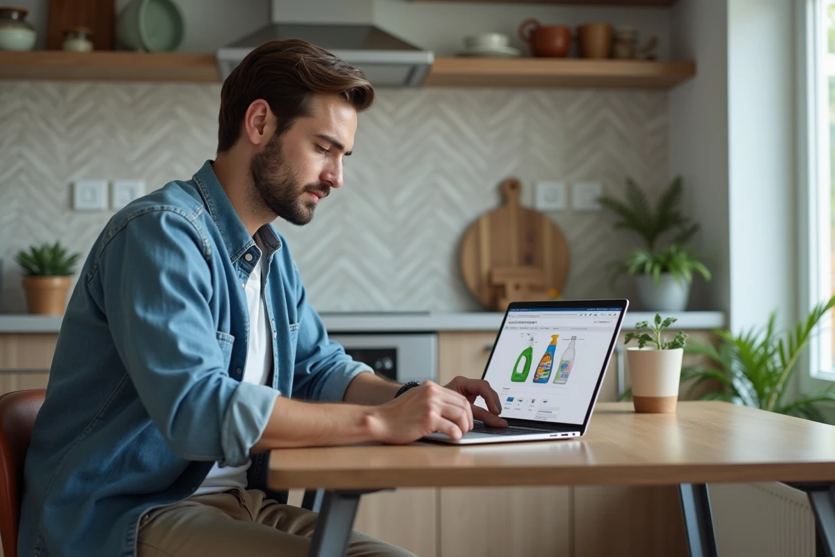 Jeune homme regardant site de produits de nettoyage sur ordinateur