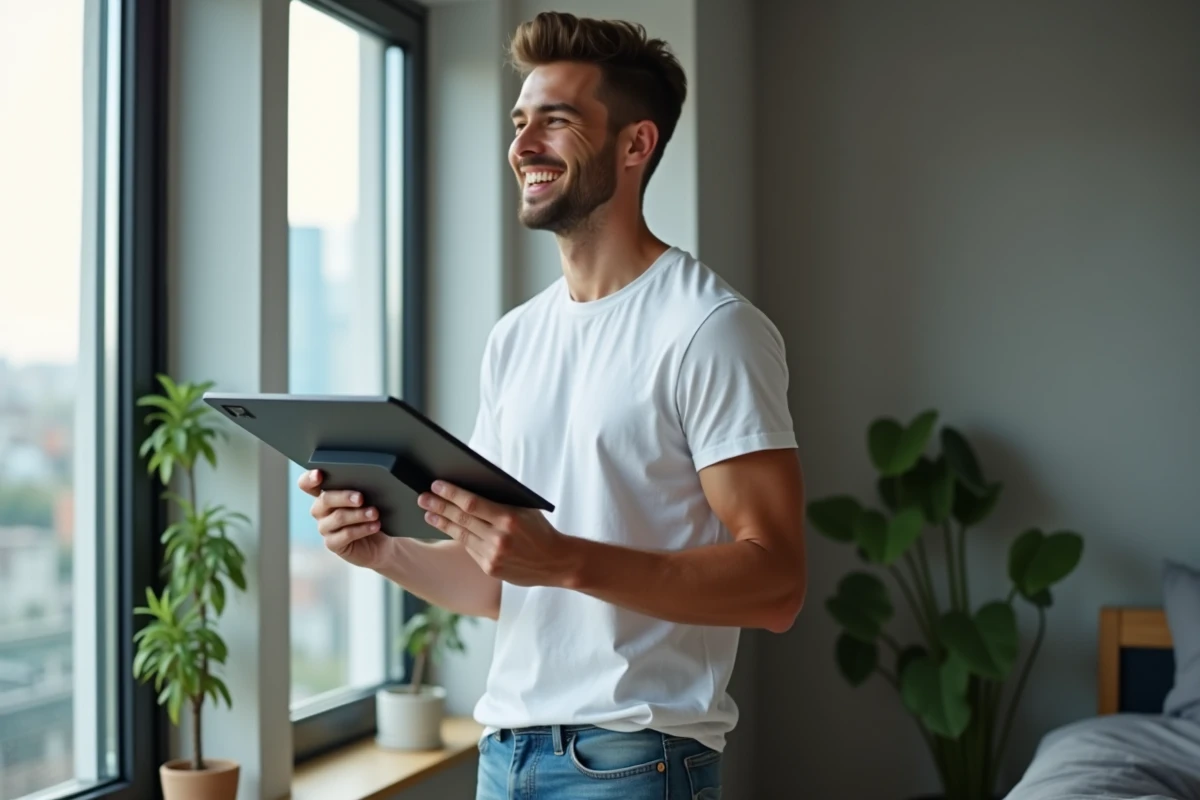 Jeune homme souriant tenant une antenne TV dans un appartement lumineux