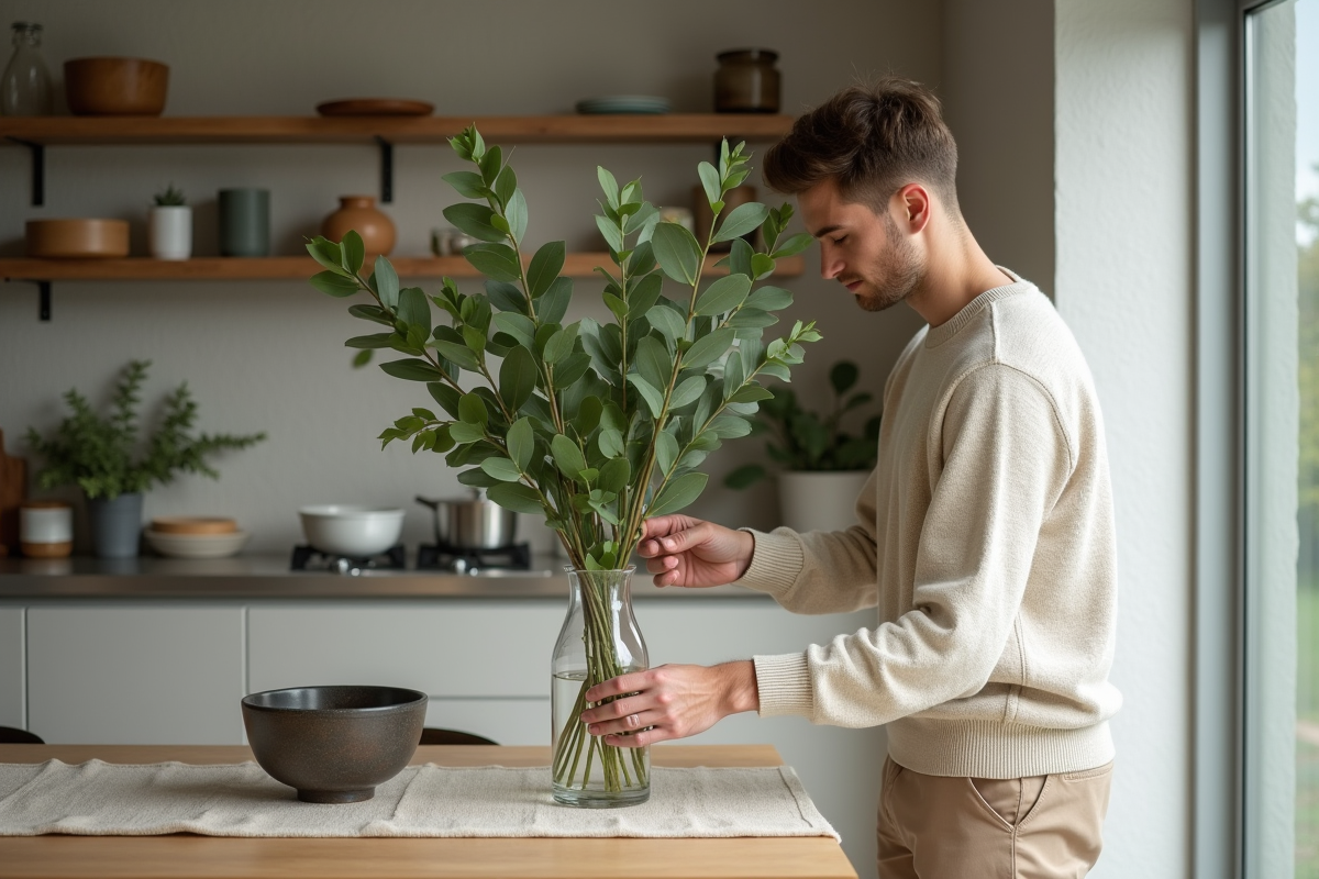 Jeune homme arrangeant des branches dans un vase