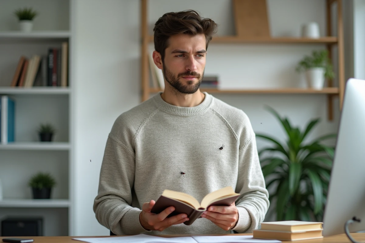 Jeune homme pensif dans un bureau avec des mouches près de l