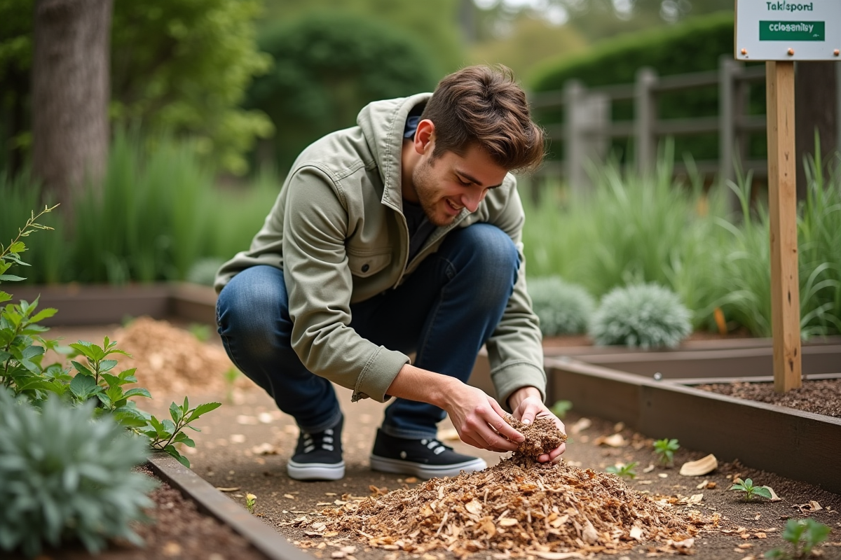 Jeune homme examinant des matériaux naturels dans un jardin