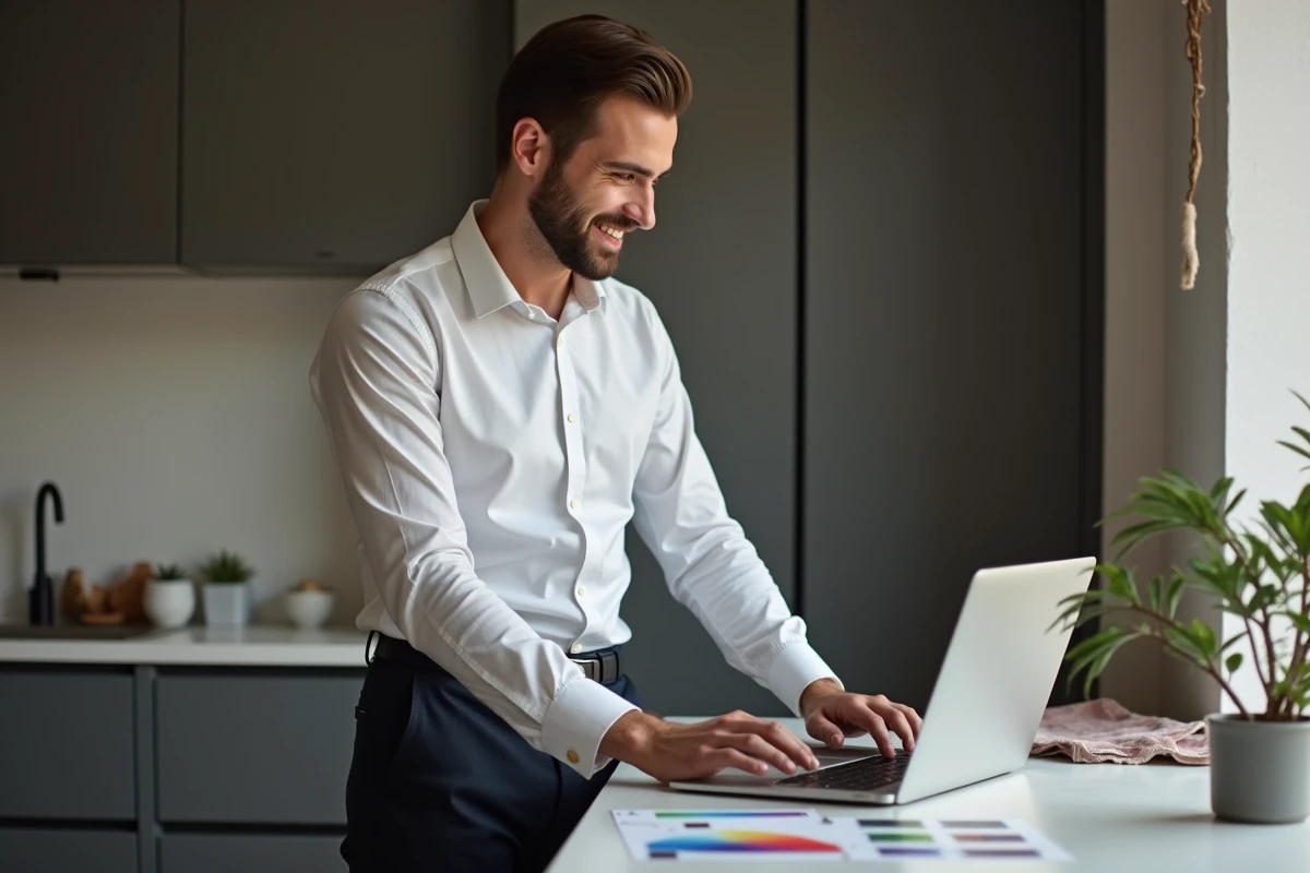 Jeune homme choisit une palette de couleurs dans la cuisine moderne