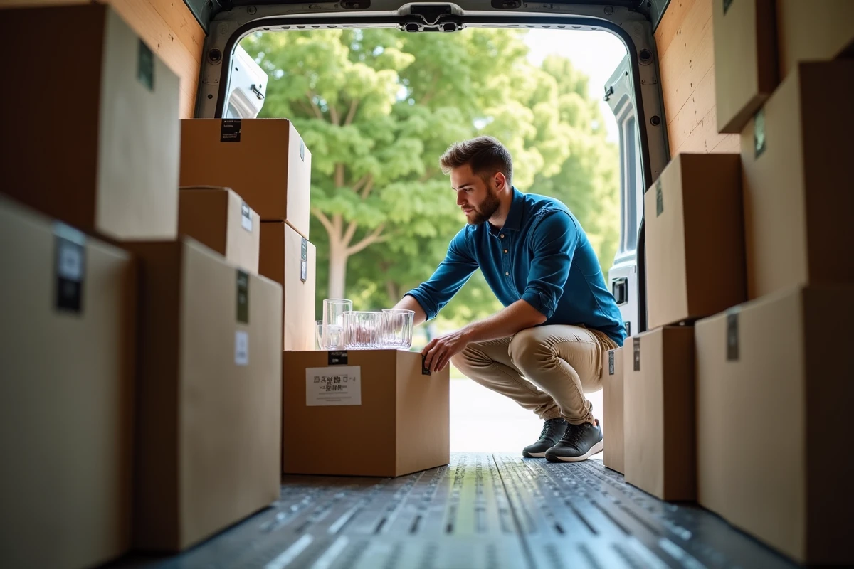 Jeune homme scellant une boîte de verre dans un camion de déménagement