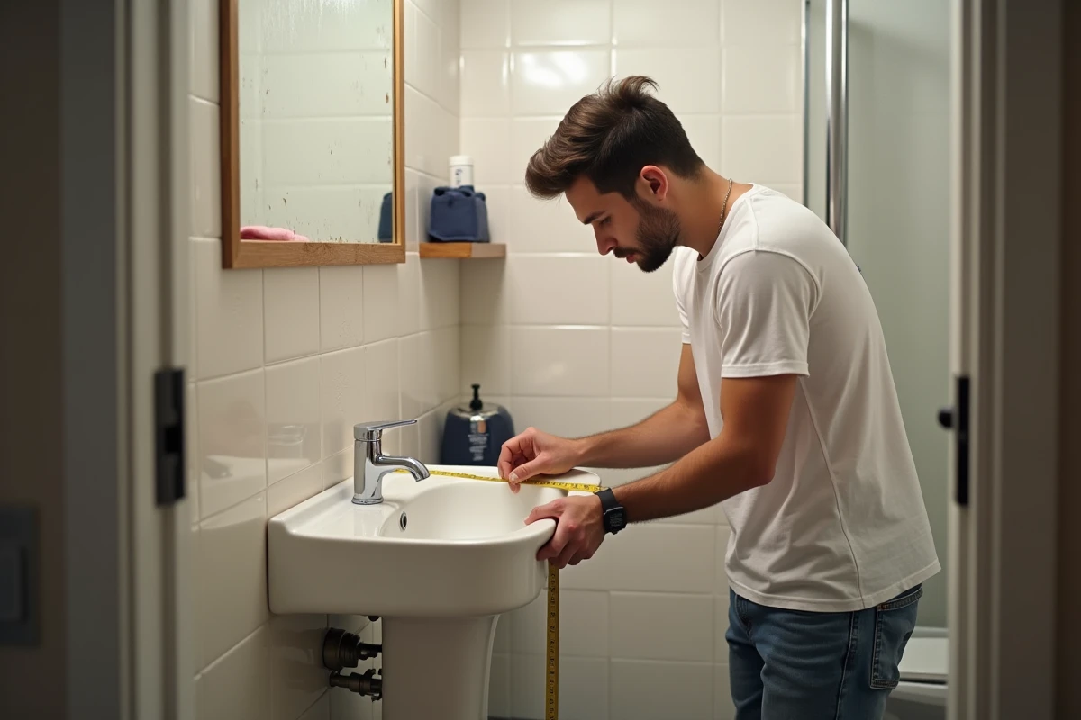 Jeune homme mesure un lavabo dans une petite salle de bains