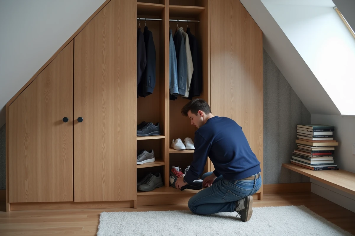 Jeune homme organisant ses chaussures dans un dressing d