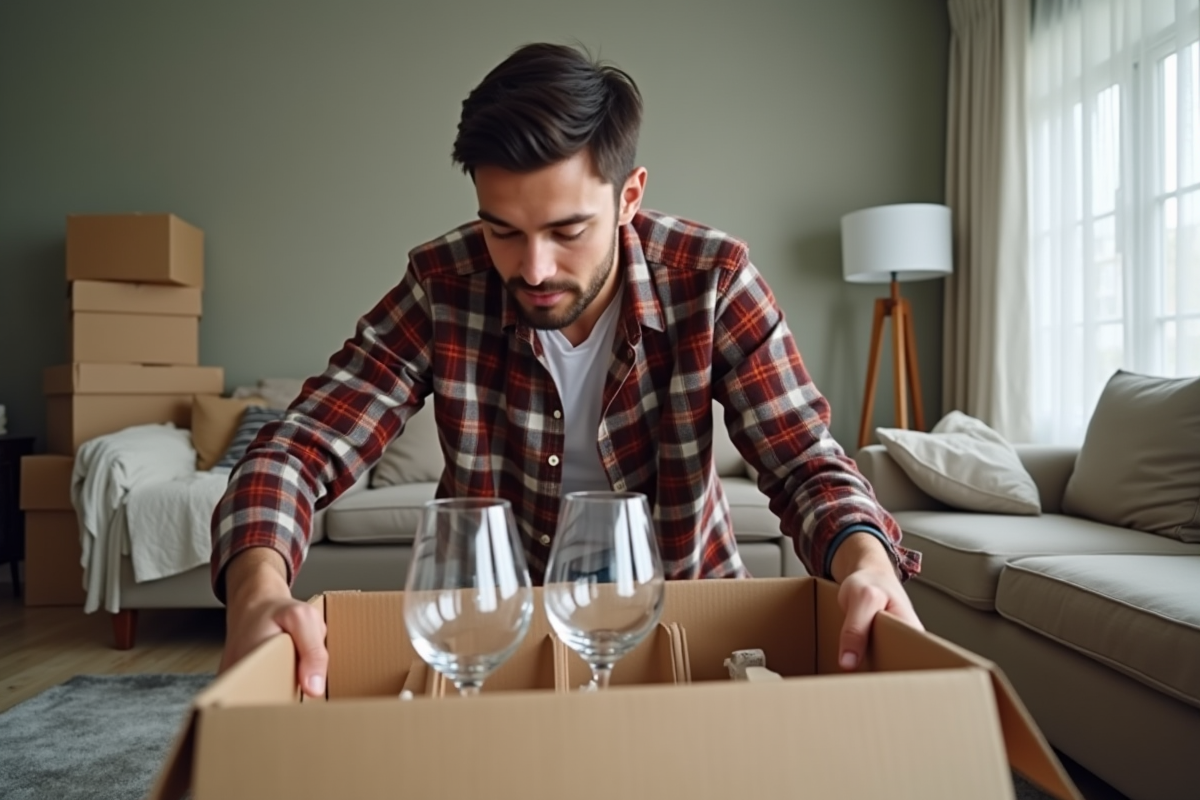 Jeune homme emballant des verres dans le salon