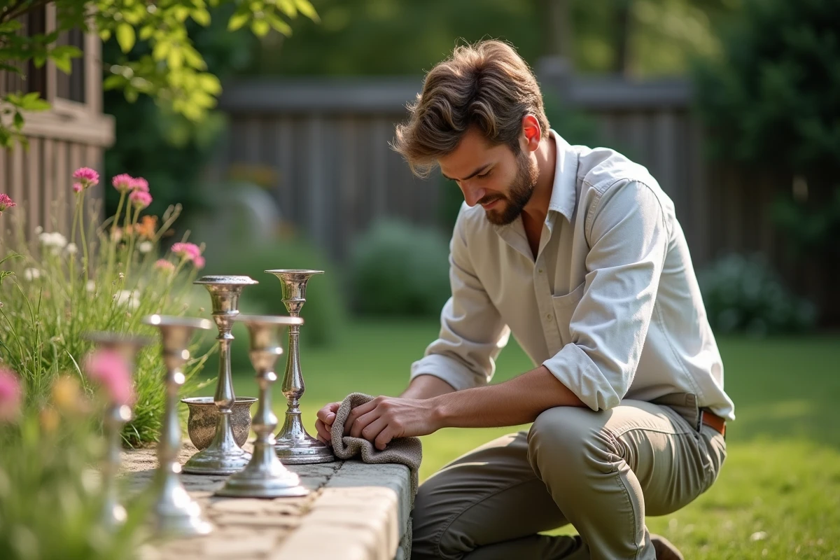 Jeune homme polissant une bouge en jardin naturel