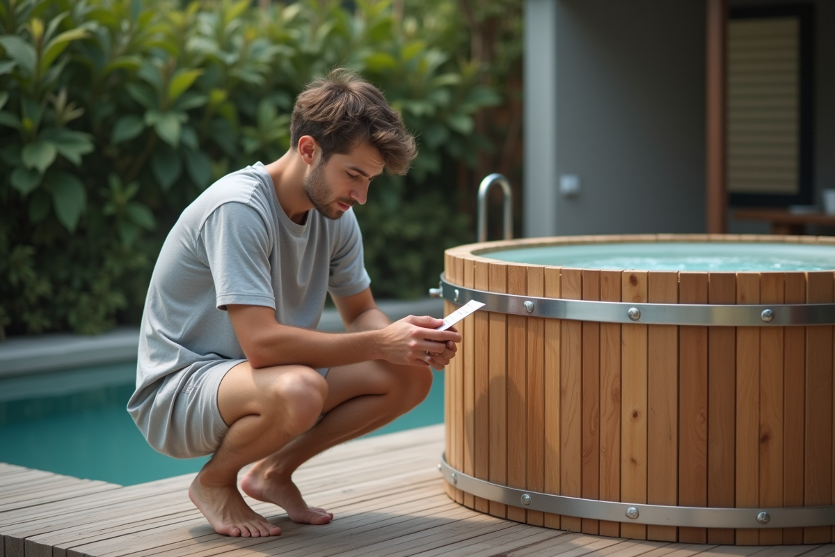 Jeune homme vérifiant un kit de test dans un spa extérieur