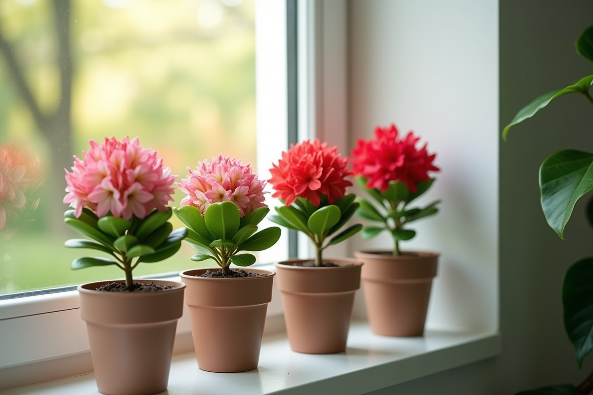 Jeunes rhododendrons en pot sur une fenêtre lumineuse