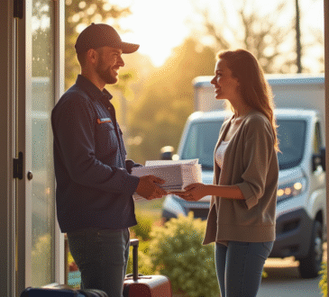 Facteur souriant remettant du courrier à une femme devant une maison en déménagement