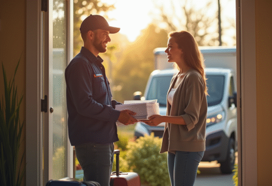 Facteur souriant remettant du courrier à une femme devant une maison en déménagement