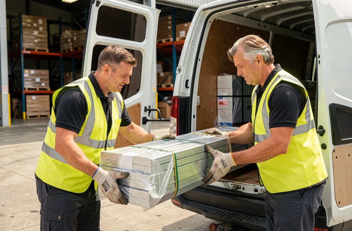 Livreurs chargeant des tubes en aluminium sur mesure emballés dans un camion de livraison devant un entrepôt