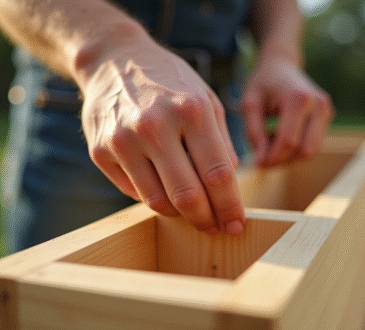 Mains assemblant une boîte à fleurs en bois en extérieur