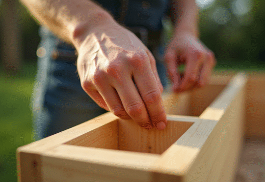 Mains assemblant une boîte à fleurs en bois en extérieur