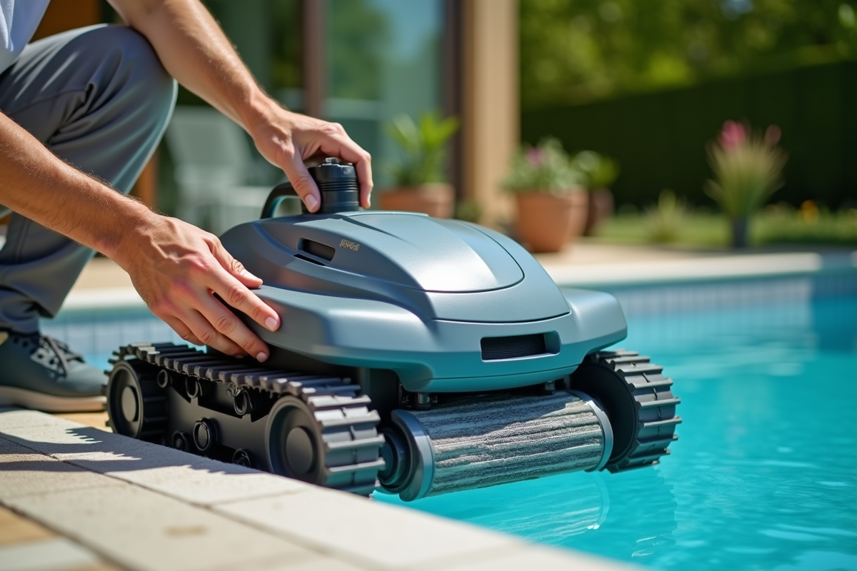 Personne entretenant un robot de piscine avec outils de soin