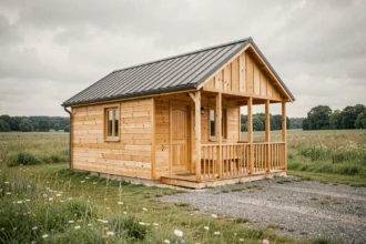 Maison en bois clé en main de plain-pied dans un cadre rural français avec bardage en pin naturel et toiture en métal gris