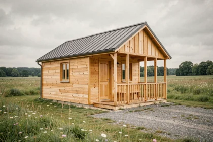 Maison en bois clé en main de plain-pied dans un cadre rural français avec bardage en pin naturel et toiture en métal gris