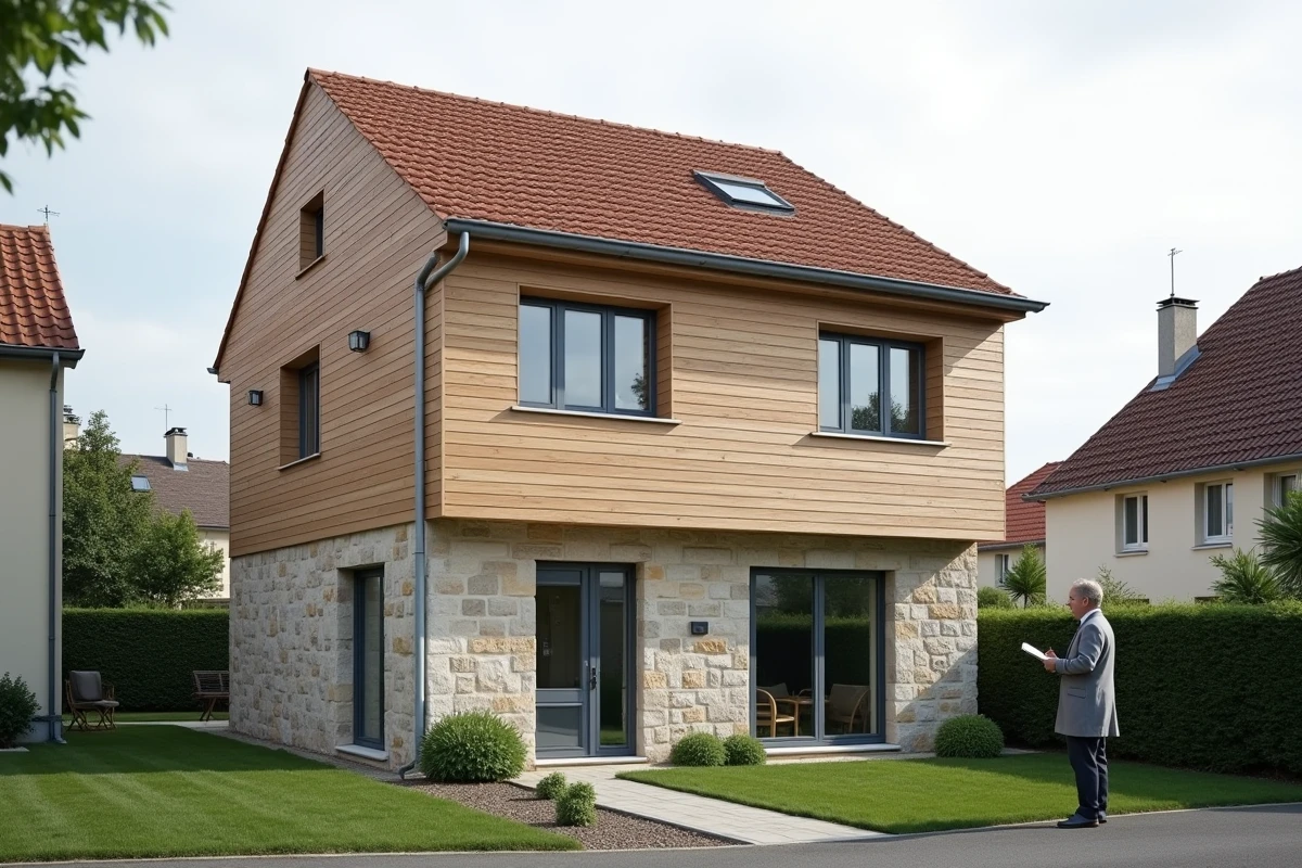Maison individuelle avec surélévation en bois contrastant avec le rez-de-chaussée en pierre, agente immobilière en façade
