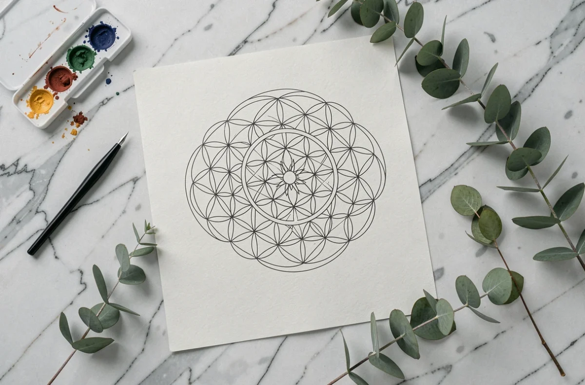 Mandala fleur de vie imprimé sur papier épais posé sur marbre avec un stylo fin et une palette aquarelle