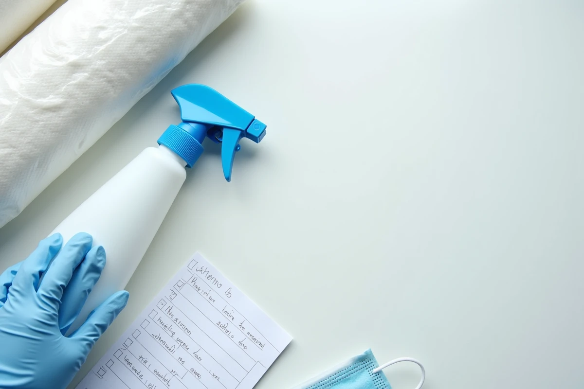 Vue du dessus du matériel de désinfection préparé sur une table blanche incluant spray, gants, masque et checklist pour traiter une infestation de larves de mouche