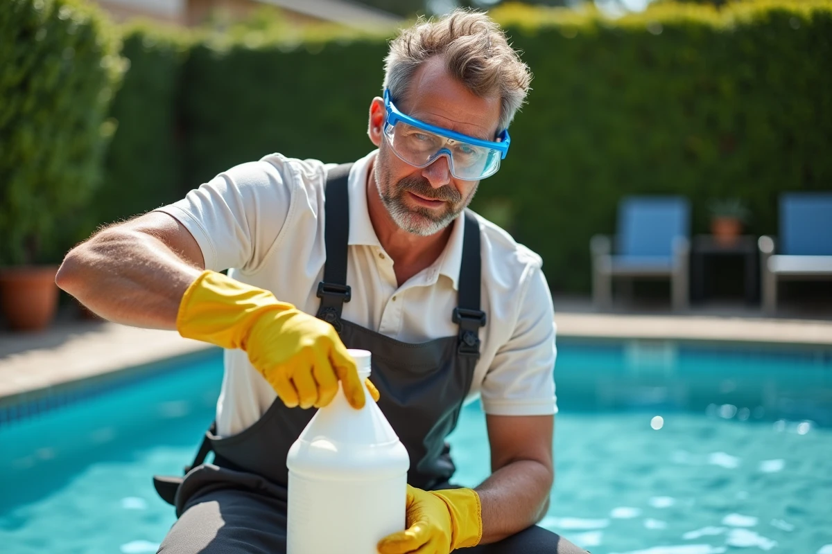 Homme mesurant du chlore près d'une piscine extérieure