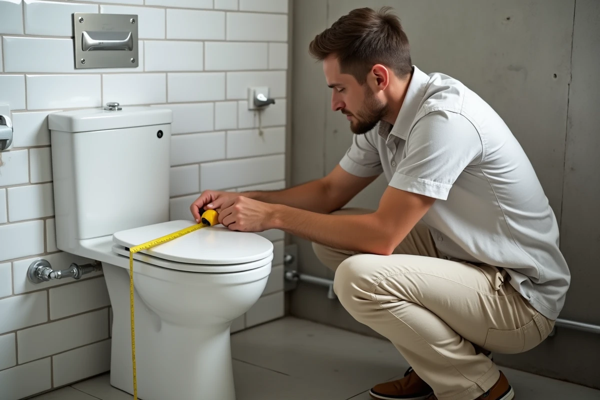 Designer mesurant la largeur d'un WC suspendu avec un mètre ruban lors d'une rénovation de petite salle de bains
