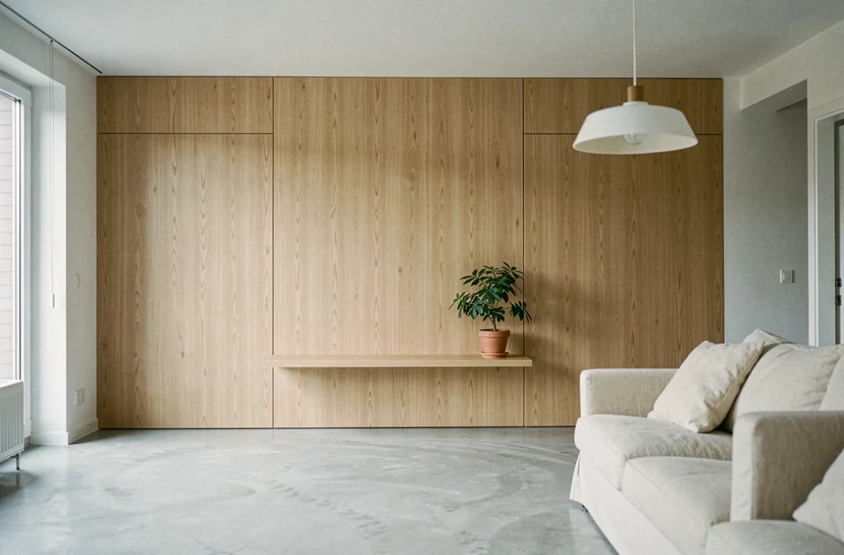 Mur salon entièrement habillé de dalles PVC imitation bois dans un intérieur scandinave