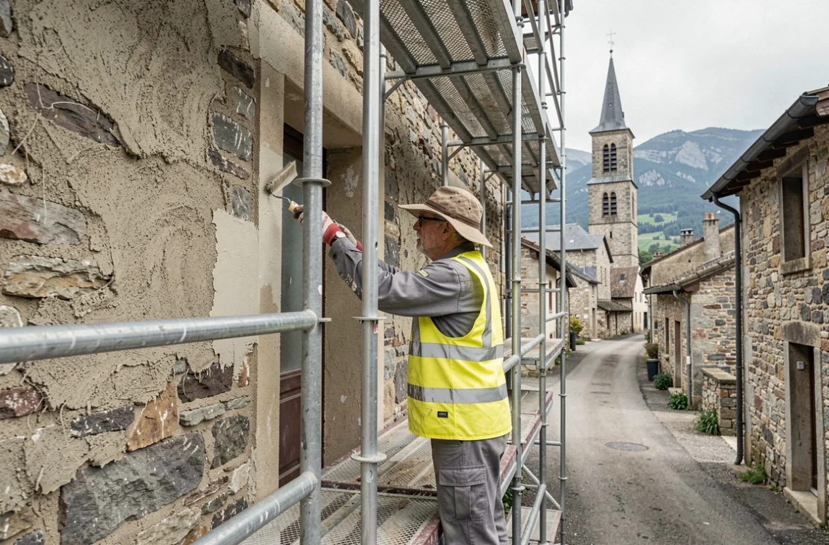 Peintre spécialiste Navarre Peinture effectuant un ravalement de façade sur une maison béarnaise en pierres