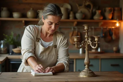 Femme âgée qui nettoie un chandelier en laiton ancien avec un chiffon doux dans une cuisine rustique