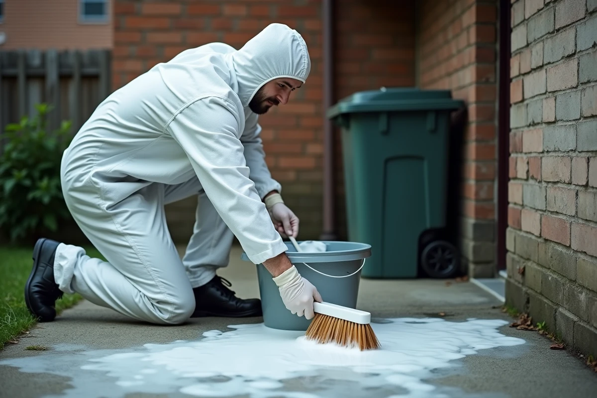 Homme en combinaison de protection qui nettoie le sol béton près d'une poubelle extérieure dans le cadre d'un protocole de désinfection après larves
