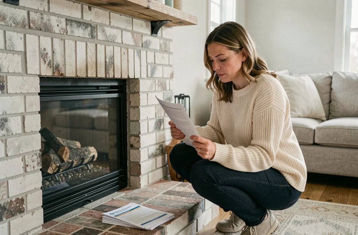 Femme consultant les normes de sécurité et obligations réglementaires d'un insert à granulé devant une cheminée en brique rénovée