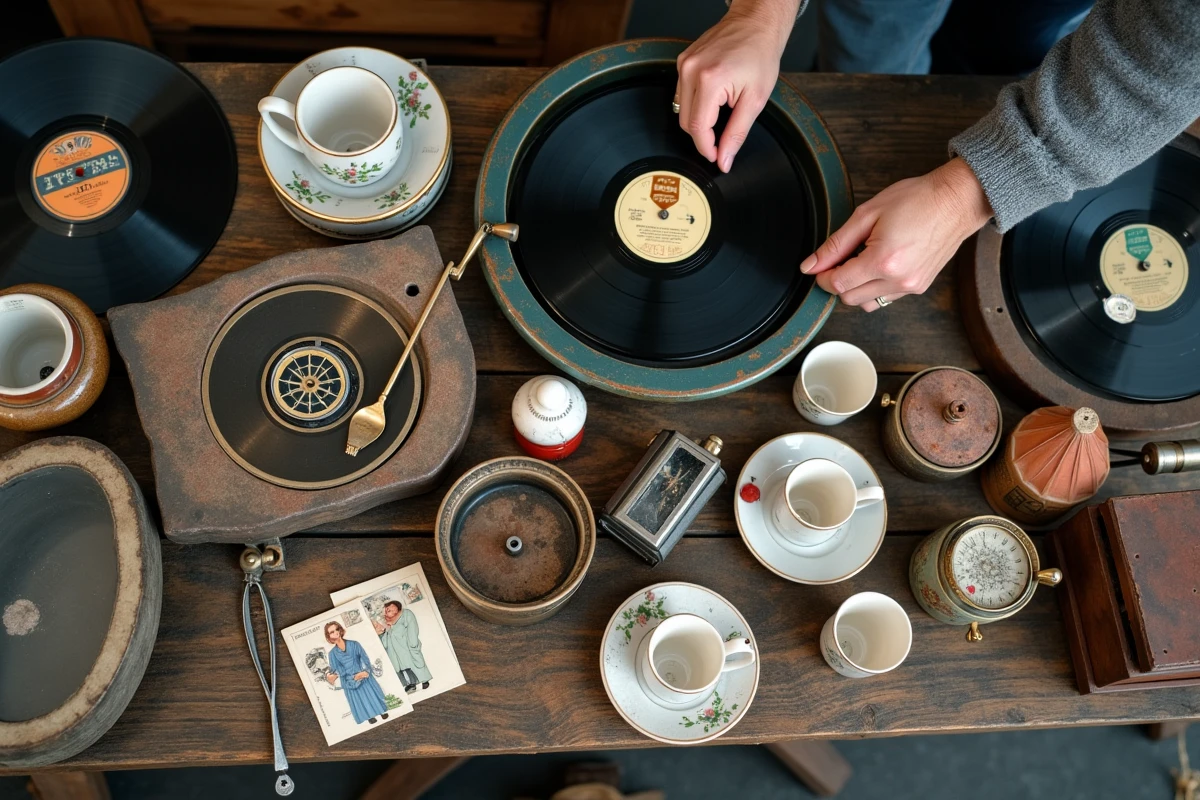 Vue plongeante sur une table de vide-grenier avec objets vintage, vinyles et bibelots anciens lors d'un vide-grenier près d'Annecy