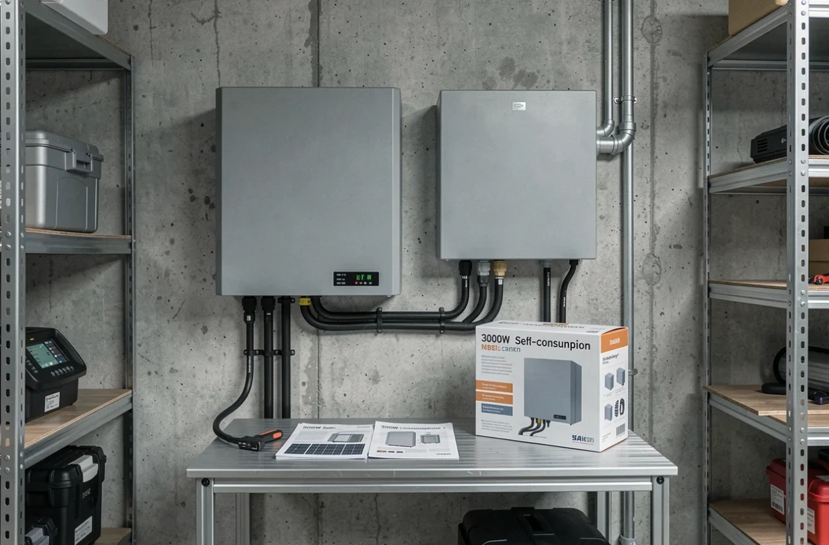 Onduleur et batterie de stockage d'un kit solaire autoconsommation 3000W installés dans un local technique
