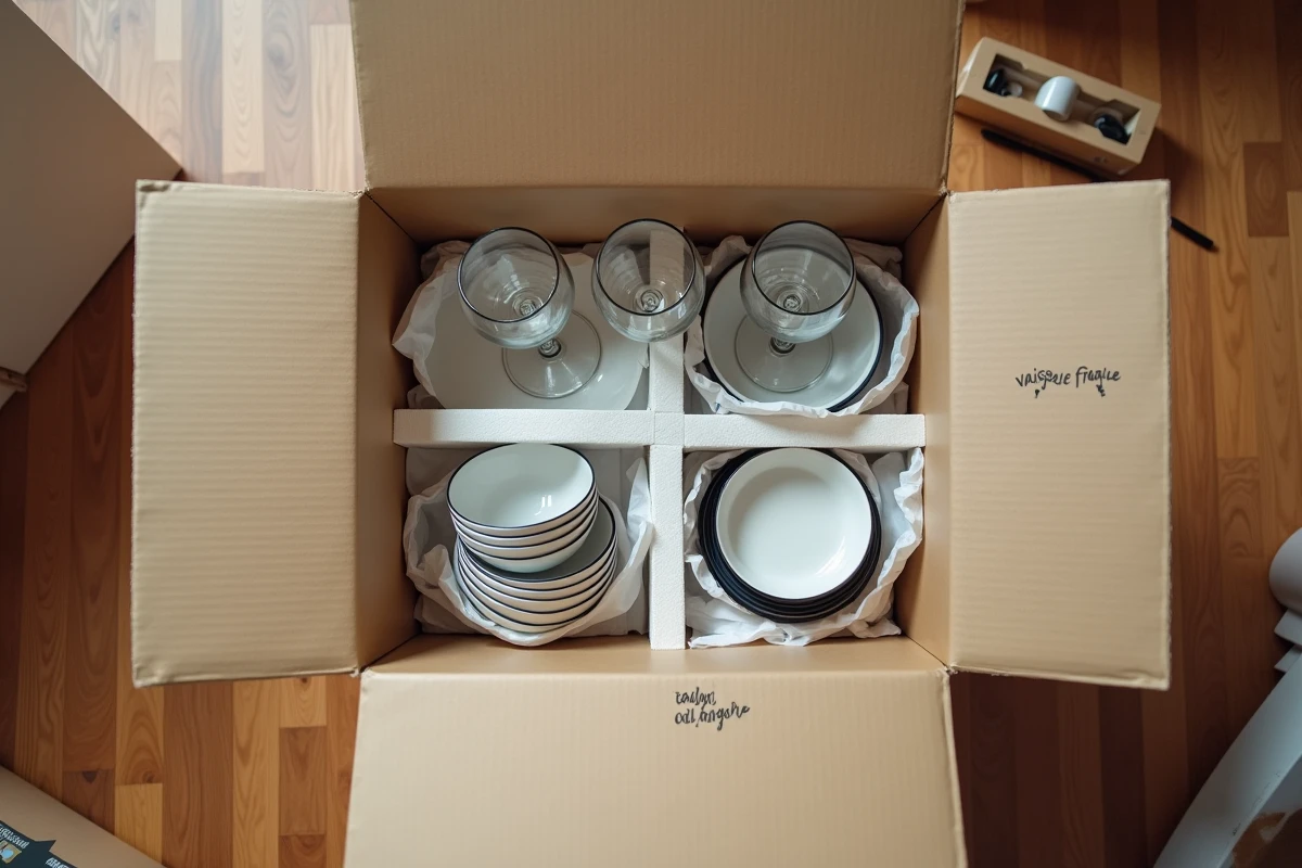 Vue aérienne d'un carton de déménagement organisé avec de la vaisselle emballée et des séparateurs en mousse