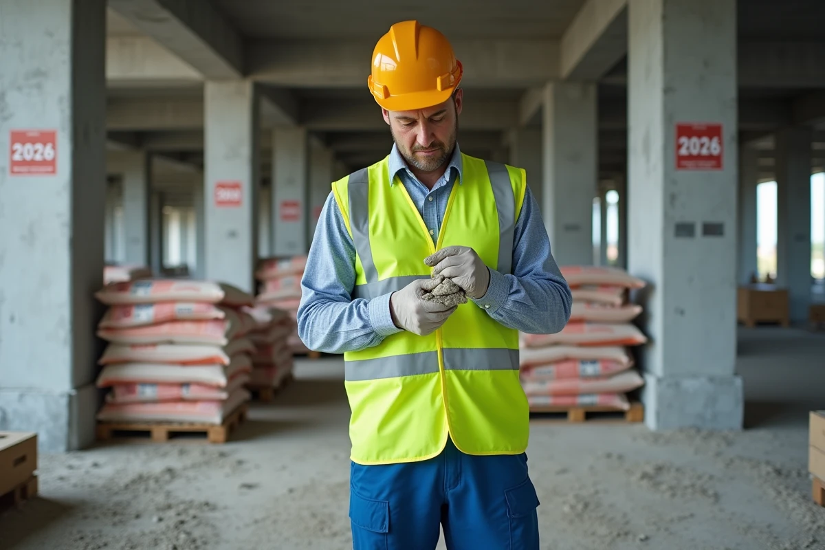 Ouvrier de chantier examinant un échantillon de mortier