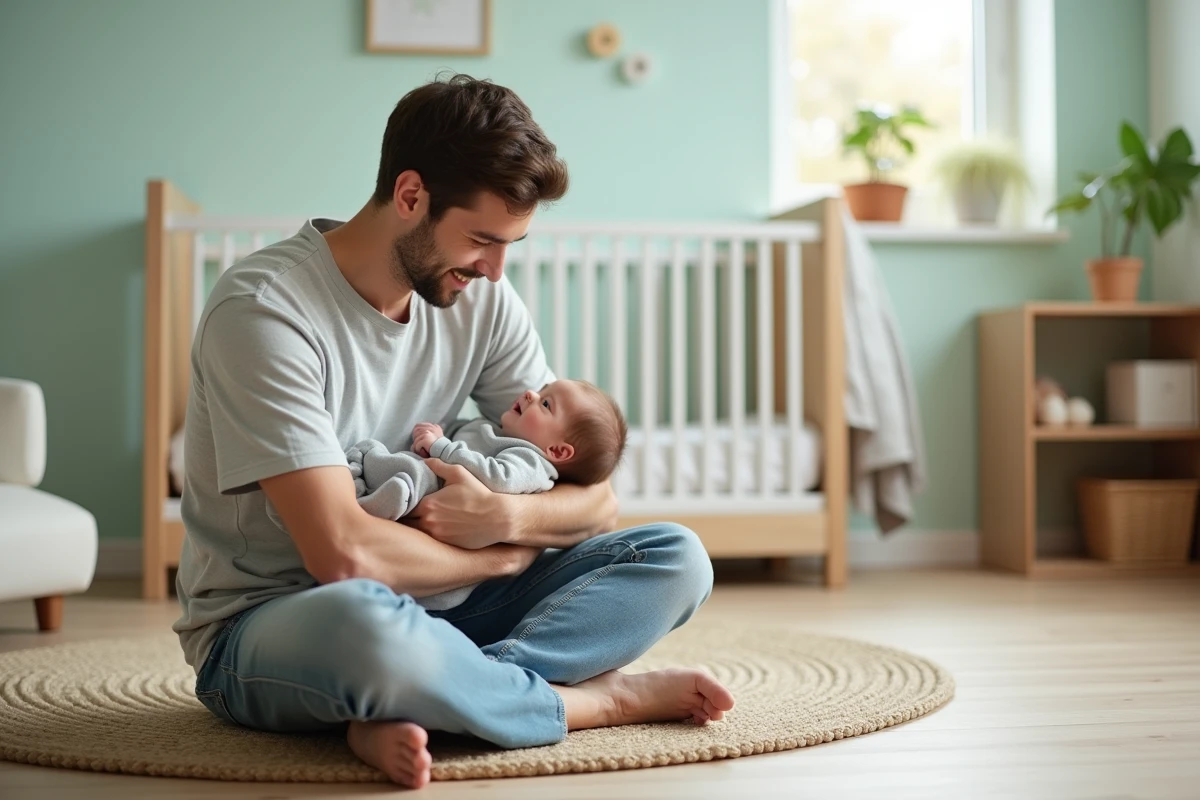 Pere souriant tenant son bebe dans une chambre moderne