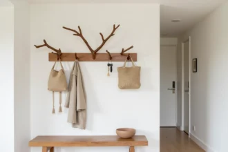 Patère murale originale en bois sculpté avec branches asymétriques dans une entrée moderne épurée