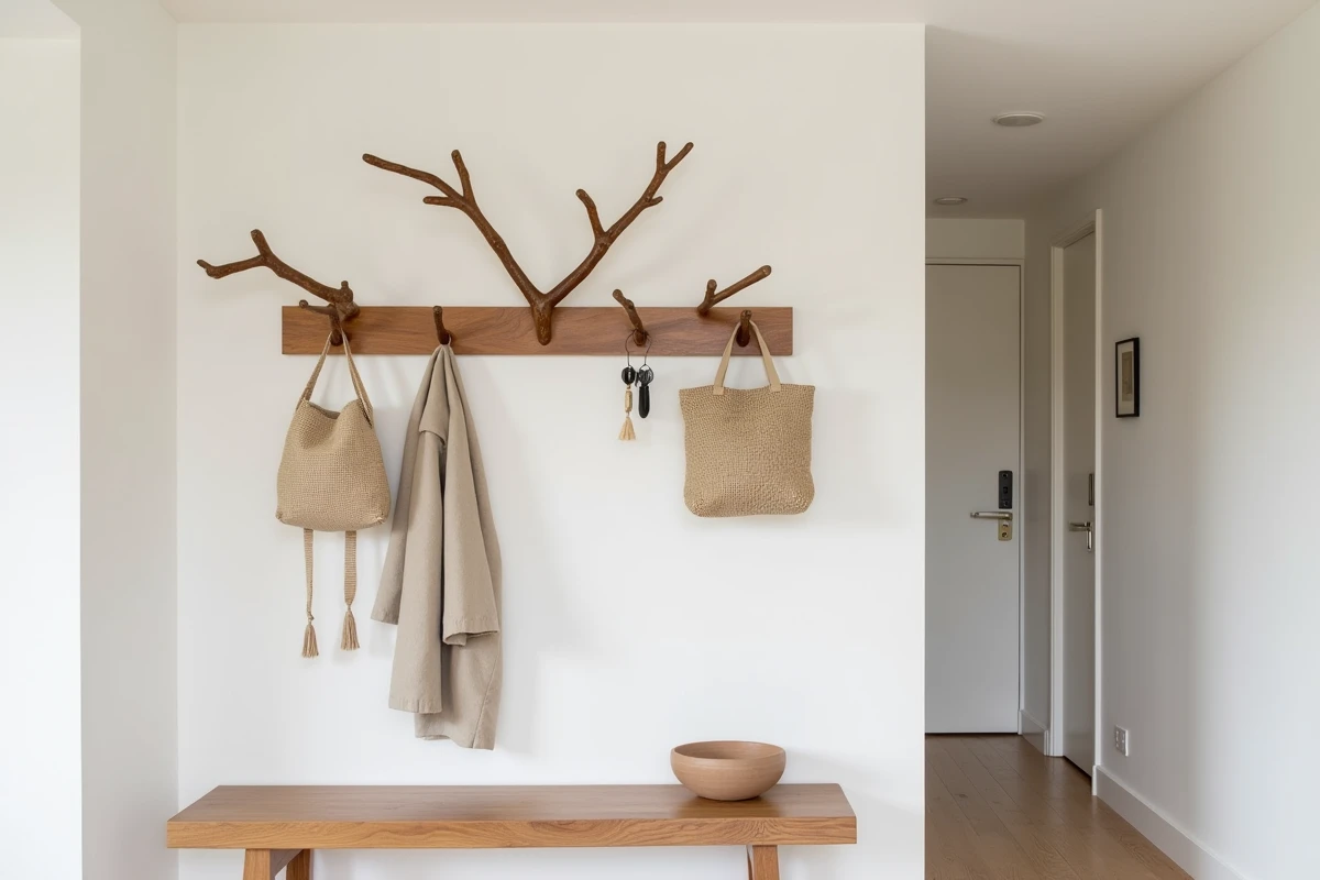 Patère murale originale en bois sculpté avec branches asymétriques dans une entrée moderne épurée
