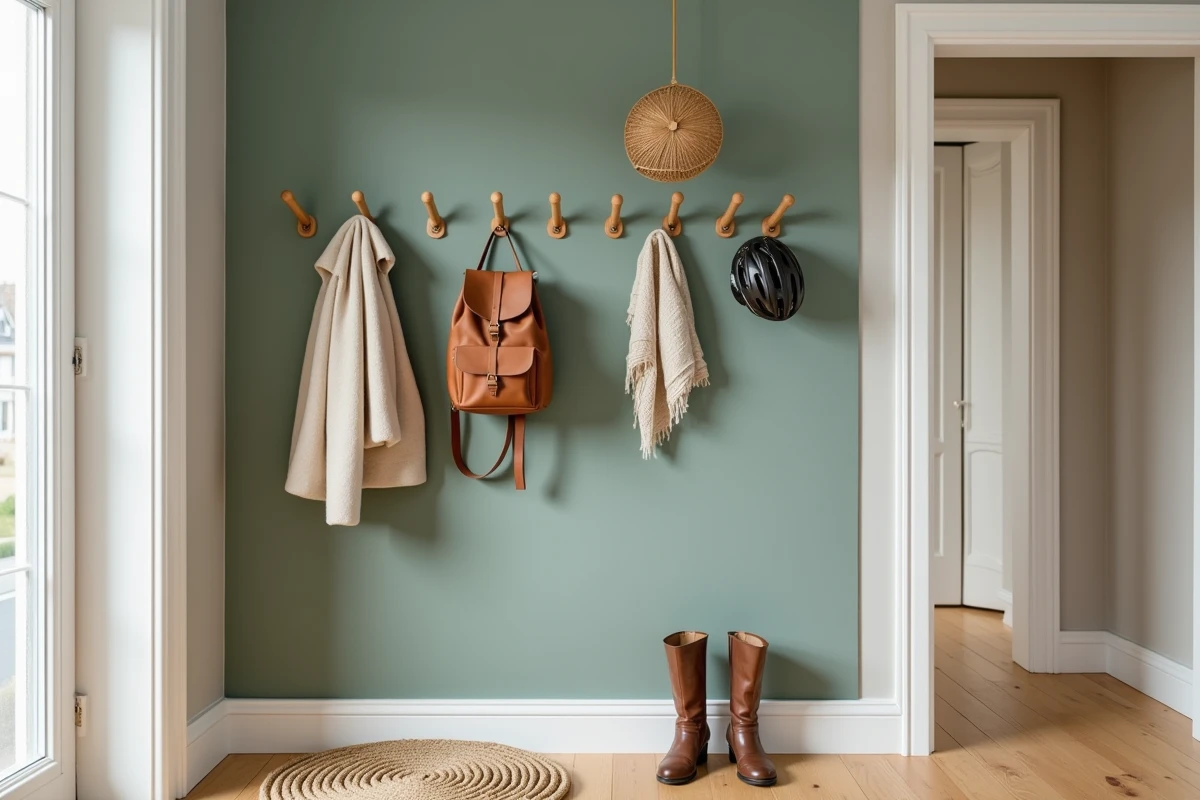 Panneau pegboard vert sauge avec crochets en bois pour entrée scandinave gain de place
