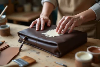 Artisan appliquant de la peinture claire sur un sac en cuir foncé posé sur un établi en bois